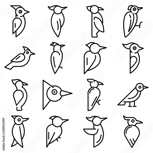 Woodpecker icons set. Outline set of woodpecker vector icons for web design isolated on white background