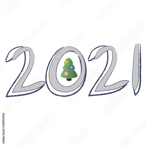 Green Christmas tree decorated with balls and date (2019) as symbols of the new year.