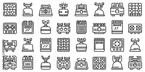 Burning gas stove icons set. Outline set of burning gas stove vector icons for web design isolated on white background