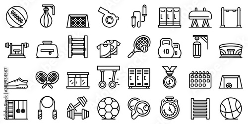School gym icons set. Outline set of school gym vector icons for web design isolated on white background