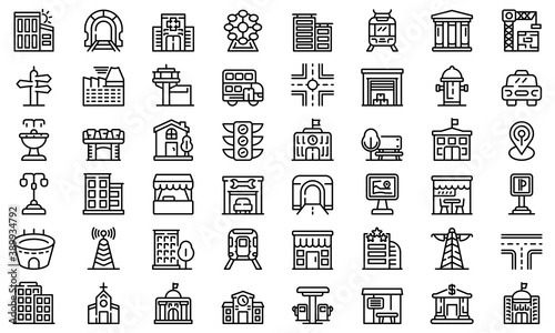 City infrastructure icons set. Outline set of city infrastructure vector icons for web design isolated on white background