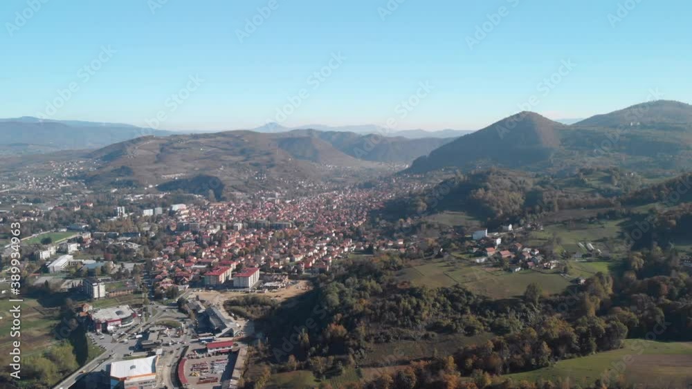 Super wide aerial shot views Visoko city in front of the biggest pyramid on earth - the Bosnian sun pyramid. Super wide aerial shot views Visoko city in front of the biggest pyramid on earth - the Bosnian sun pyramid.