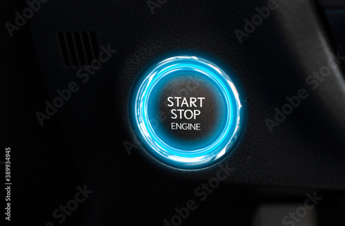 Start and stop engine button in a modern car