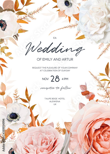 Vector watercolor style wedding invite card editable template design. Elegant chic blush peach pink Roses, ivory white anemone flowers, beige brown, orange Eucalyptus leaves bouquet cute frame, border