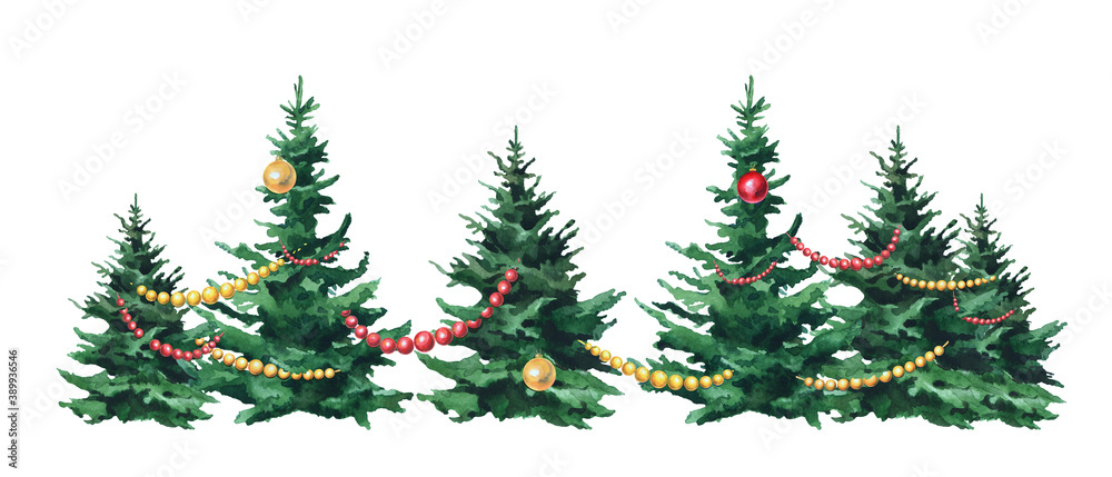 Watercolor Christmas trees and decorations on a white background