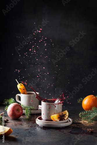 Hot mulled wine with steam