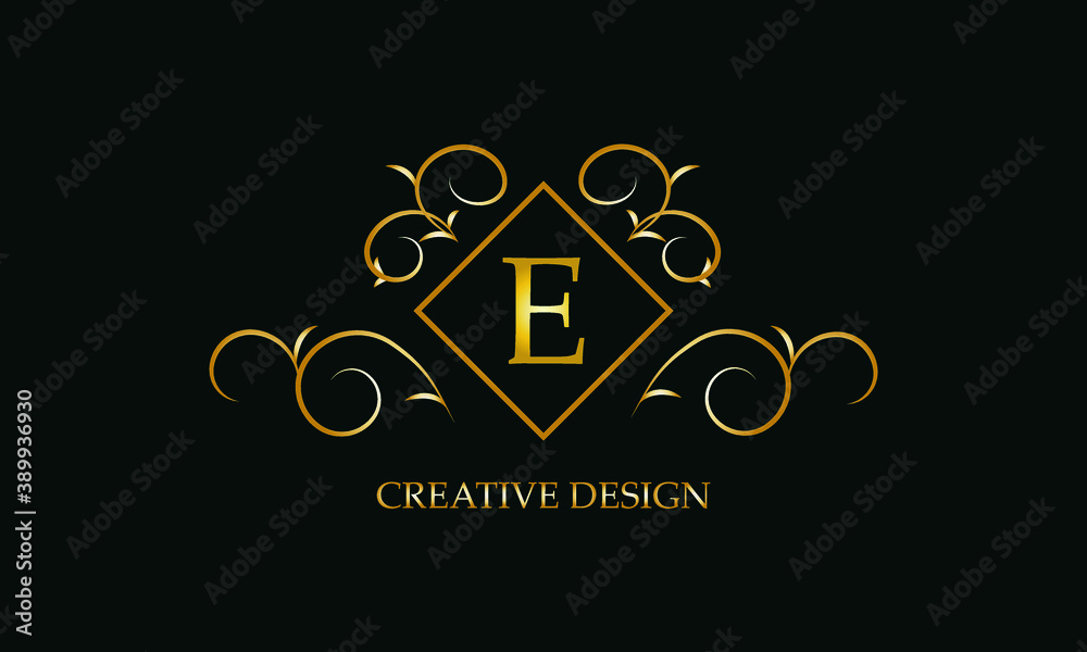 Logo design with monogram element and letter E on dark background. Gold ornament for restaurant, club, boutique, cafe, hotel, business cards.