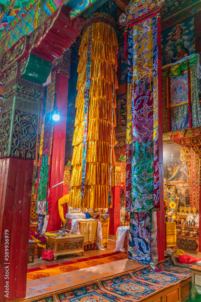 The view inside the ancient old buddhist temple on Tibet