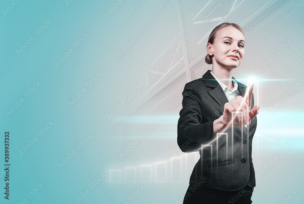 The concept of a successful woman in business. Business development to success and growth concept. business woman pointing to growth chart The concept of a successful woman in business. Business development to success and growth concept. business woman pointing to growth chart