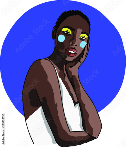 Afro American women fashion vector illustration. modern sketch beautiful dark-skinned girl. Contemporary art. black skin. Graphic line . makeup 