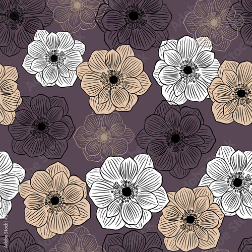 seamless floral pattern with anemones.  Illustration of a Botanical vector.