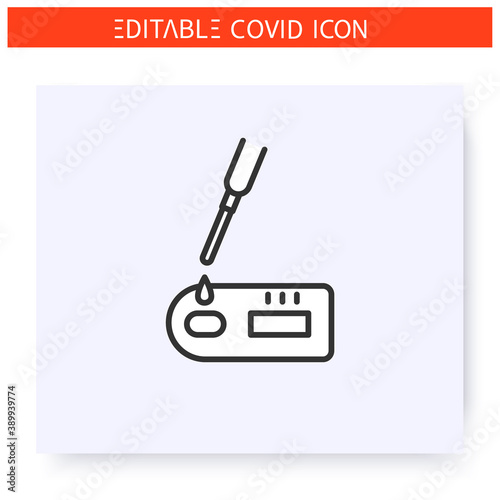 Covid19 rapid test line icon. Drop of blood on the covid express test stick. Flu, covid diagnostic equipment.Blood sample. Laboratory analysis. Isolated vector illustration. Editable stroke 