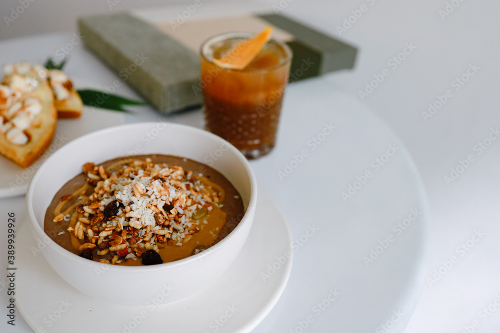 Healthy breakfast. Fresh granola muesli with yogurt Bowl of muesli