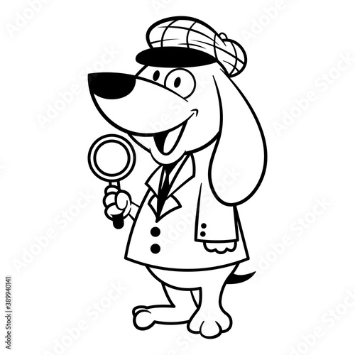Funny Dog cartoon characters wearing coat and newsboy cap carrying magnifying glass, best for coloring book of children or magnifier product with vintage themes
