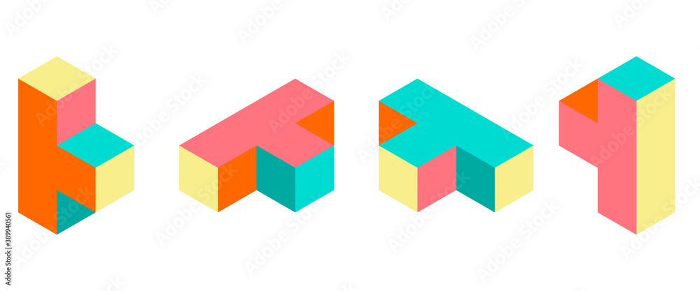 Dimension 3D retro puzzle figures colorful game blocks. Dimension 3D retro puzzle figures colorful game blocks.