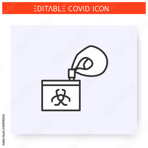 Place tube with sample into biohazard bag icon. Coronavirus testing process. Covid19 nasal swab kit. DNA sample. Flu, covid diagnostics equipment. Isolated vector illustration. Editable stroke