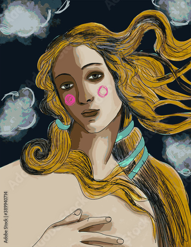 birth of venus vector illustration. sandro boticheli. beautiful blond woman. italian girl. Modern art. Hand drawn