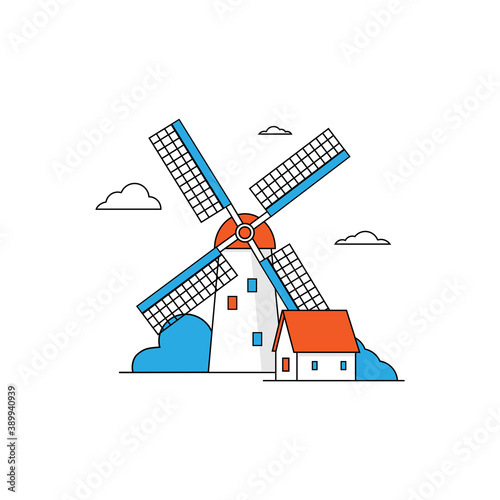 Beautiful summer rural landscape with windmill and village house on an isolated white background with small clouds. Bright vector illustration for food packaging design, icons and logos or printing