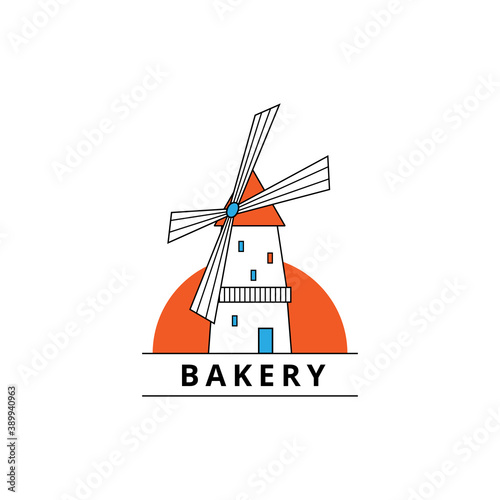 Bakery house logo. Vector illustration of colorful windmill isolated on white background with orange summer sun. Beautiful simple icon for food packaging design or printing on any surface