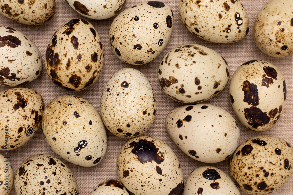 Close-up of quail eggs on burlap. A group of spotted eggs, ingredient for cooking. Healthy food concept. Brown texture, rustic background. Close-up of quail eggs on burlap. A group of spotted eggs, ingredient for cooking. Healthy food concept. Brown texture, rustic background.