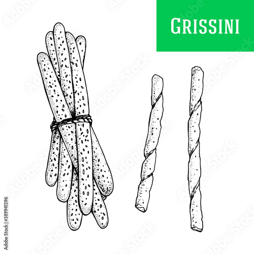 Grissini black and white vector illustration. Italian cuisine. Hand drawn sketch illustration. Italian food. Top view.