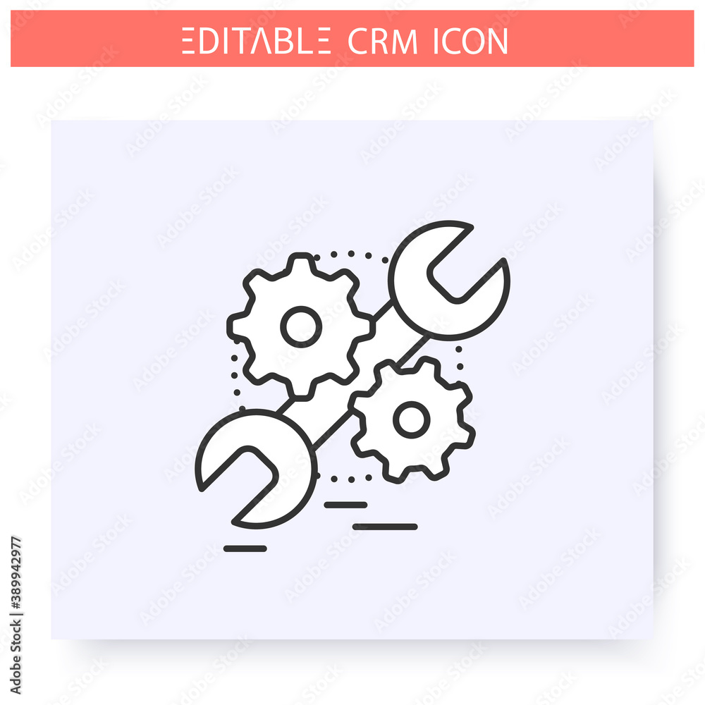 Service automation line icon. Controlling quality service and relationship building CRM service. Automating workflow processes. Customer relationship management. Isolated illustration. Editable stroke