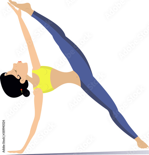 Young woman with lithe figure doing sport or yoga exercises illustration. Young woman with lithe figure bends a body isolated on white
