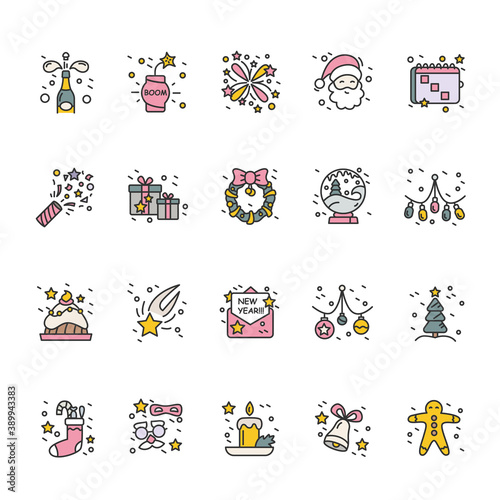 New year holidays highlight color icons set. Christmas and New Year celebration. Best moments, details and festive decorations. Christmas and New Year holidays concept. Isolated vector illustration