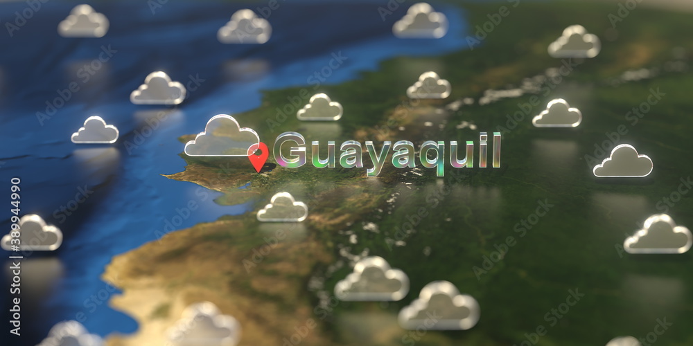 Cloudy weather icons near Guayaquil city on the map, weather forecast related 3D rendering Cloudy weather icons near Guayaquil city on the map, weather forecast related 3D rendering
