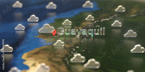 Cloudy weather icons near Guayaquil city on the map, weather forecast related 3D rendering