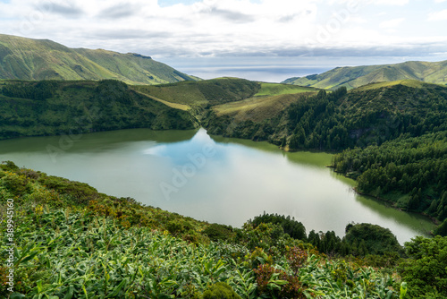 Azores, island of Flores, view on the crater Lake, Lagoa Funda 