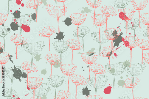 Seamless pattern with maquis. Hand draw textures with flowers and blots in trendy modern style sketch illustration. There is a swatch in the panel. Elements are under mask, not cropped