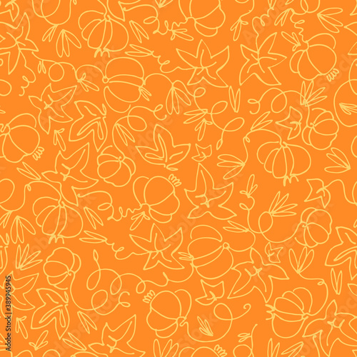 Seamless pattern with pumpkins on orange background. Hand drawn vector illustration. Thanksgiving Day concept, autumn concept, healthy vegetables concept