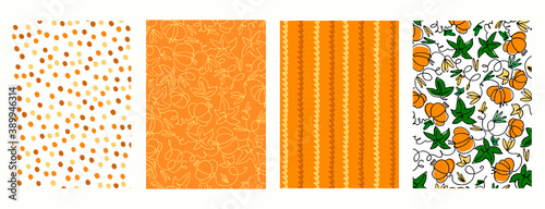 Set of seamless patterns for Thanksgiving Day gifts wrapping. Holidays backgrounds with pumpkins and orange colores