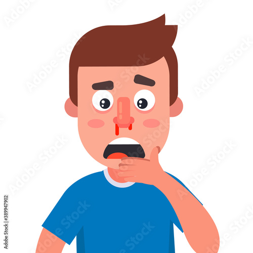 the young man had a nosebleed. get injured in the nose. flat character vector illustration isolated on white background.