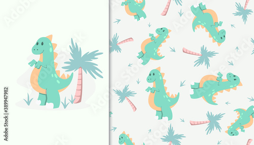 Seamless pattern with Cute Dinosaur and Tree. Vector Illustration.