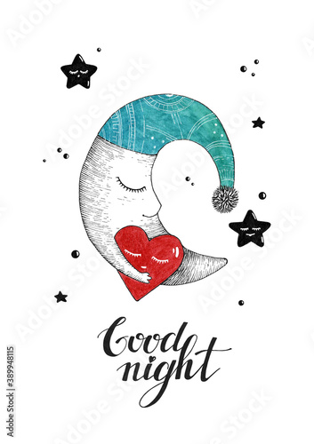 Картината върху платно Hand-drawn cute sleeping moon in a turquoise nightcap with a sleeping red heart in hand surrounded by sleeping stars