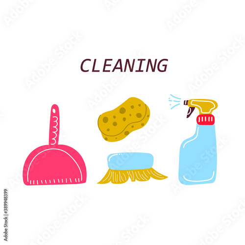 Hand drawn set of cleaning tools. Spray, dustpan, wash sponge, brush. Flat illustration.