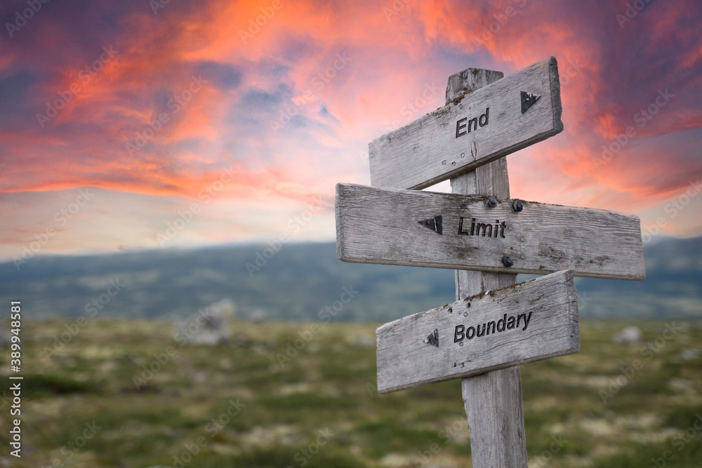 end limit boundary text engraved in wooden signpost outdoors in nature during sunset and pink skies. - obrazy, fototapety, plakaty 
