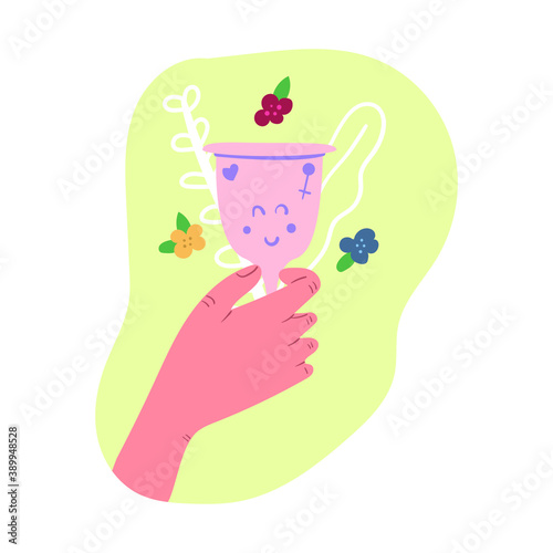 Hand holding menstrual cup. Flat illustration. Period, zero waste, hygiene on womens days concept.