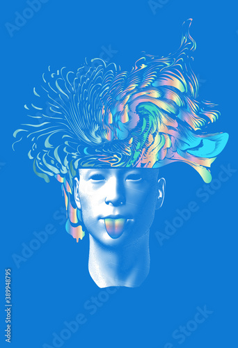 Abstract man stick out tongue with colorful brain splash out on blue BG
