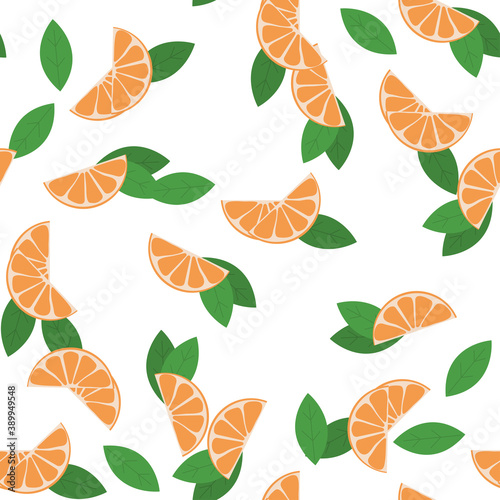 Seamless pattern. Sliced oranges with leaves