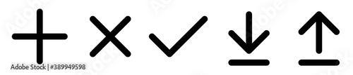 Plus and minus, Check,Download icon.Download icon symbol vector.Plus Icon Black.Set of plus, minus, check & cross flat icons. Vector black isolated arrows.Vector illustration