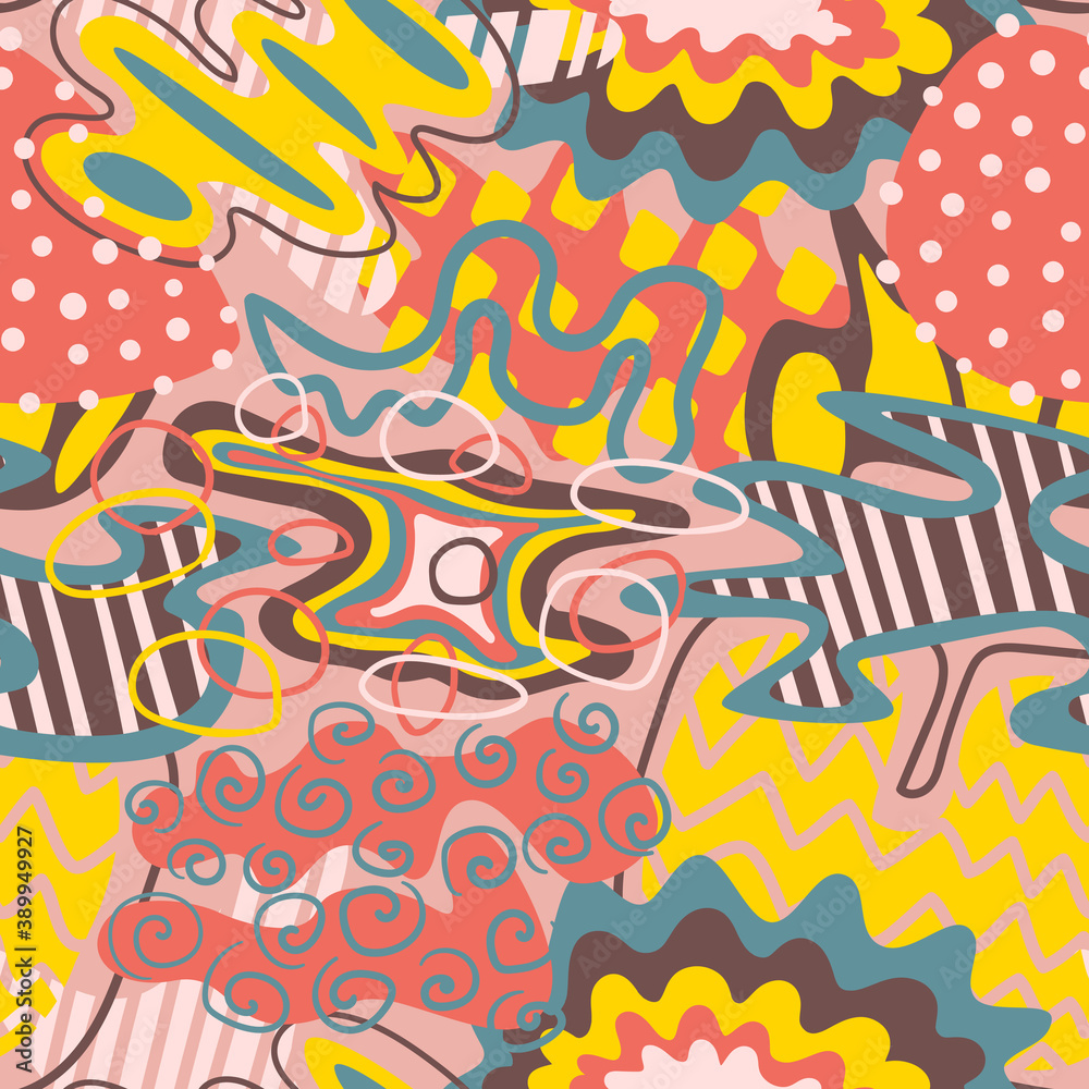 vector colorful doodle freeform seamless pattern on light orange
