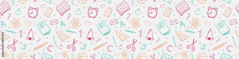 Back to School background. Seamless pattern with funny doodles. Vector