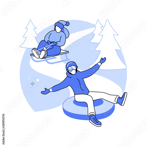 Winter outdoor fun abstract concept vector illustration. Winter activity for kids, having fun in snow, family time outdoors, building a snowman, snowball fight, sledding abstract metaphor.