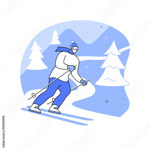 Skiing abstract concept vector illustration. Winter adventure, mountain slope, outdoor sport, family fun, mountainside resort, downhill, extreme vacation, snow peak, holiday abstract metaphor.