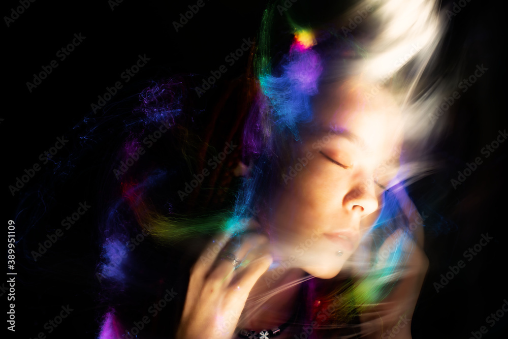 light painting portrait, new art direction, long exposure photo without processing, light drawing at long exposure