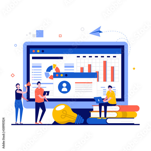 Perfomance monitoring concept with character. People are building a business project and monitor chart on the Internet. Modern flat style for landing page, mobile app, infographics, hero images