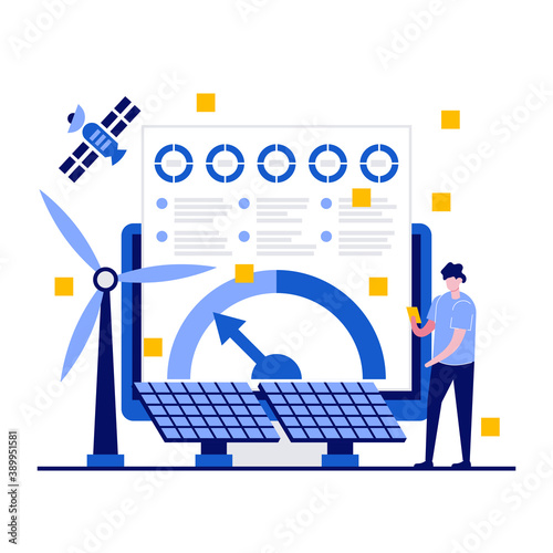 Energy analysis concept with character. People analyzing power data. Future energy with solar cell and wind. Futuristic chart of energy visualization on application. Modern flat style for hero images